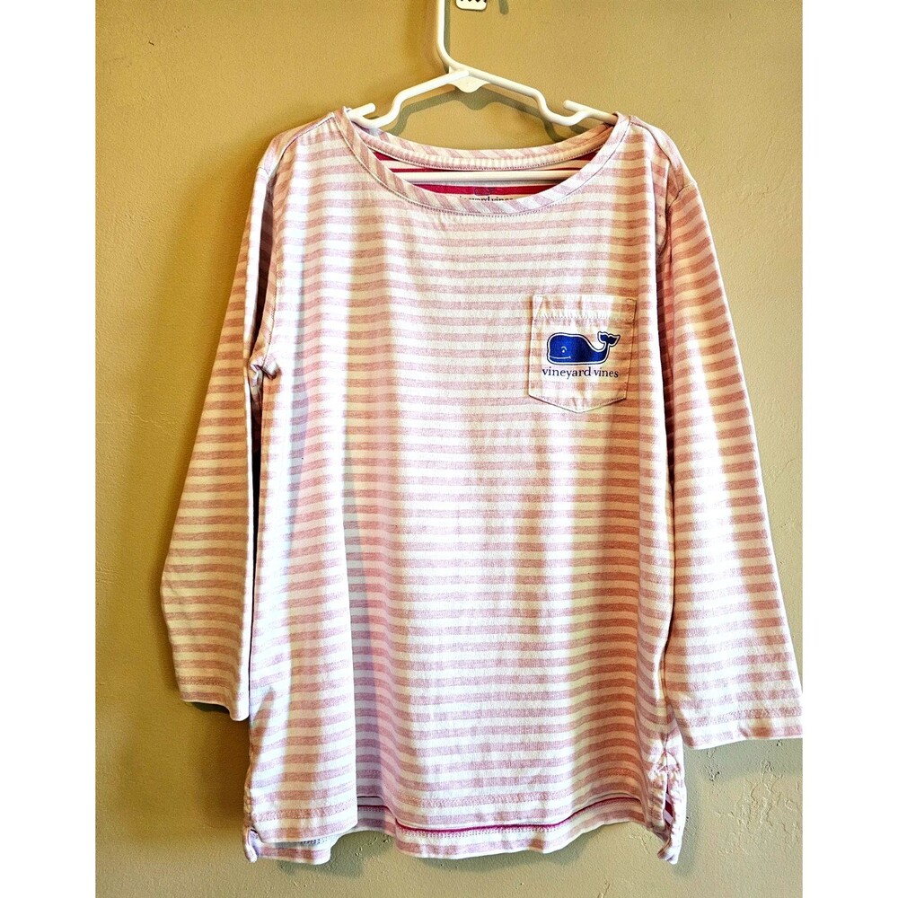 Vineyard Vines Girls Long Sleeve Tee Shirt Size M Pin striped whale front & Back